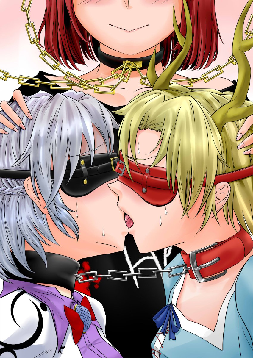 3girls animal_horns blindfold blonde_hair blush bondage bound_together braid breasts chained_together chains clothed collar connected_collars female femdom femsub forced_kiss forced_partners forced_yuri french_kiss grey_hair hand_on_head head_grab hecatia_lapislazuli horn horns kicchou_yachie kishin_sagume kissing lezdom linked_collar multiple_girls multiple_subs red_hair sagume_kishin shitora short_hair small_breasts sweat tongue_kiss touhou yellow_hair yuri