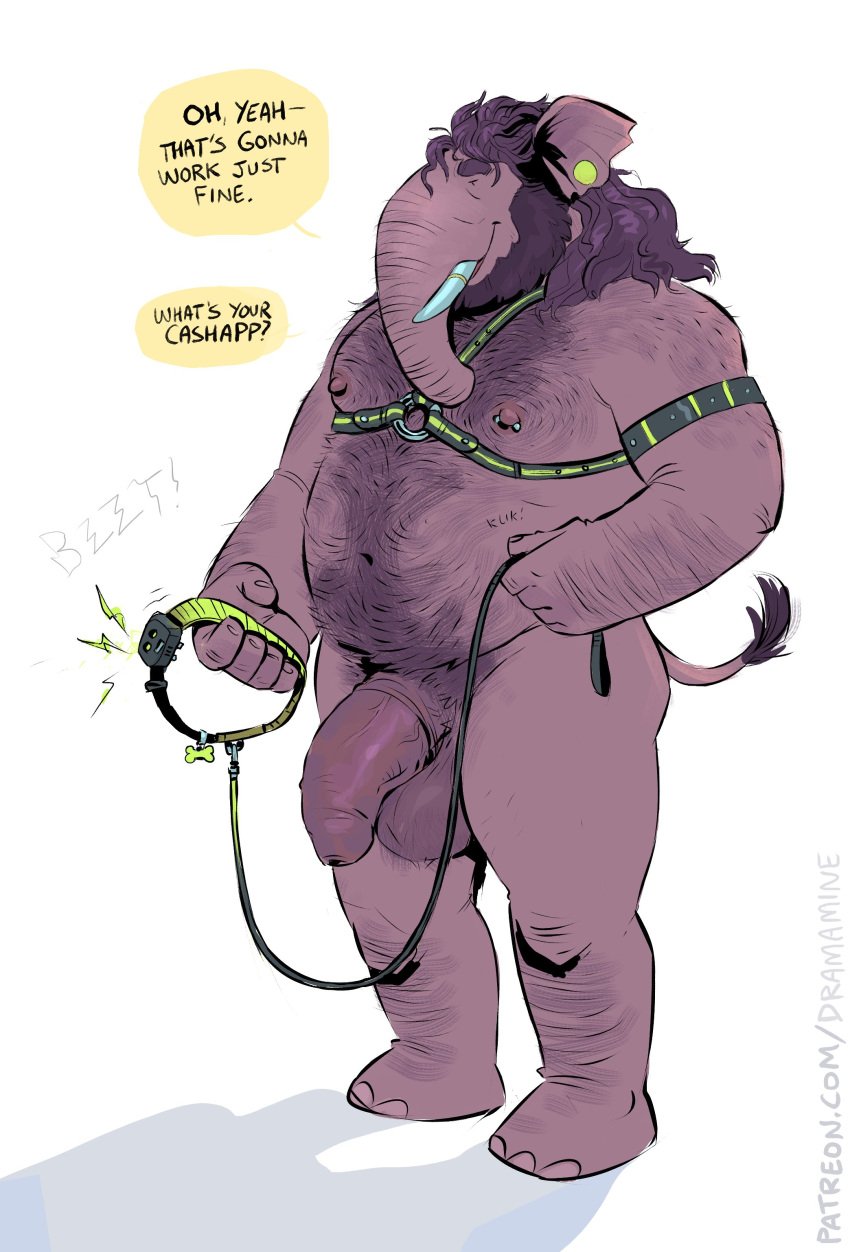 2023 absurd_res anthro arm_hair armband balls beard belly belly_hair biceps big_belly body_hair chest_hair collar dialogue dramamine ear_piercing elephant elephantid facial_hair forearm_hair forearms foreskin genitals hair hairy hairy_balls happy_trail harness hi_res holding_collar holding_leash holding_object leash leather leather_harness leg_hair long_hair male male_only mammal manly musclegut muscular navel nipple_piercing nipples nude pecs penis piercing proboscidean pubes purple_hair shadow shock_collar shoulder_hair simple_background slightly_chubby solo standing triceps tusk_jewelry tusks vein veiny_penis white_background