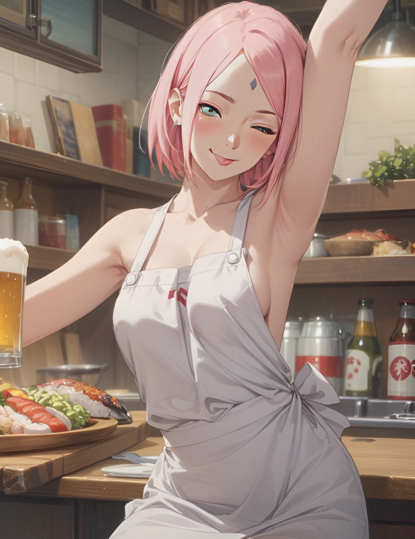 1girls ai_generated alxss94 apron apron_only barely_clothed boruto:_naruto_next_generations exhibitionism exhibitionist female female_focus functionally_nude green_eyes indoors mostly_nude nai_diffusion naked_apron naruto naruto_(series) pink_hair public_indecency public_nudity restaurant sakura_haruno stable_diffusion waitress worker