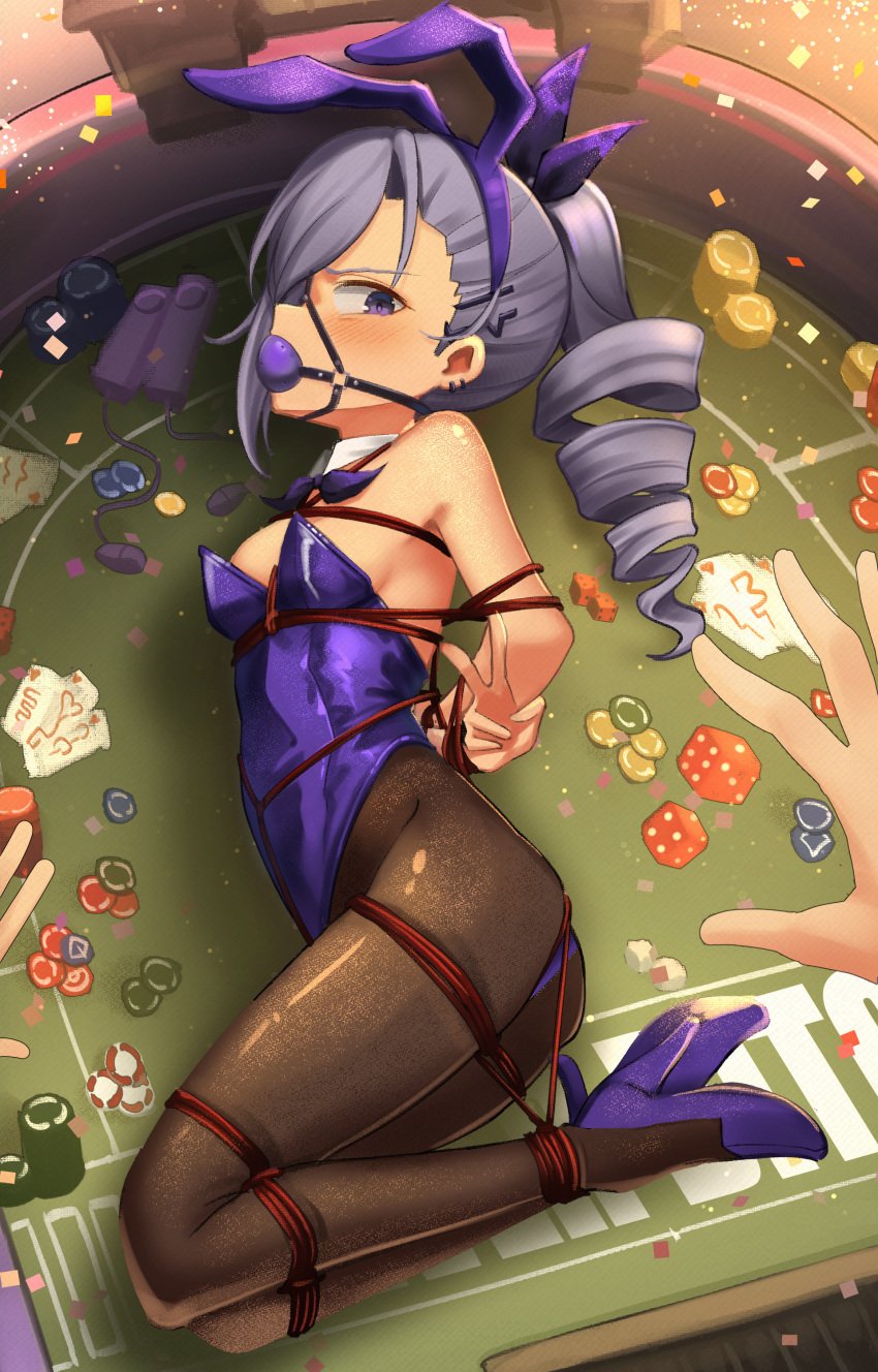 1girls angry arms_behind_back ball_gag blush bondage breast_bondage bunny_ears bunnysuit casino crotch_rope dankestofdans dice drill_hair female gagged gambling glaring glaring_at_viewer grey_hair high_heels honkai:_star_rail looking_at_viewer lying_on_side lying_on_table on_side playing_card poker_chip poker_table purple_eyes red_rope rope_bondage silver_wolf_(honkai:_star_rail)