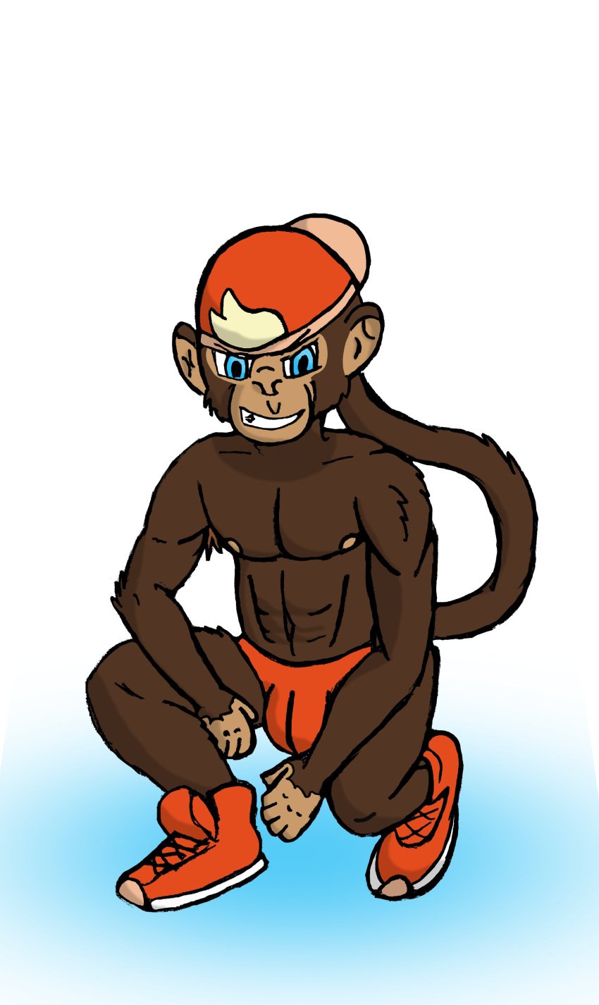 abs absurd_res anthro ape arm_tuft armpit_tuft blonde_hair blue_eyes brown_body brown_fur chimpanzee clothed clothing dyed_fur elbow_tuft footwear fur hair haplorhine hi_res jock jockstrap jockstrap_bulge jockstrap_only male mammal muscular muscular_anthro muscular_male orange_clothing pan_(genus) pecs primate shoes sneakers solo solo_focus thereexistsk topless tuft underwear underwear_only