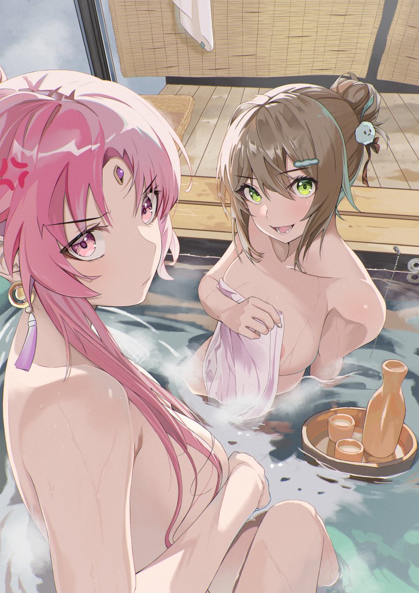 2girls :d absurdres anger_vein auguste bathing breasts collarbone commentary_request cup drink forehead_jewel fu_xuan_(honkai:_star_rail) green_eyes grey_hair highres honkai:_star_rail honkai_(series) hot_spring large_breasts long_hair looking_at_viewer multiple_girls nude onsen open_mouth pink_eyes pink_hair pov qingque_(honkai:_star_rail) sake shared_bathing smile tray water