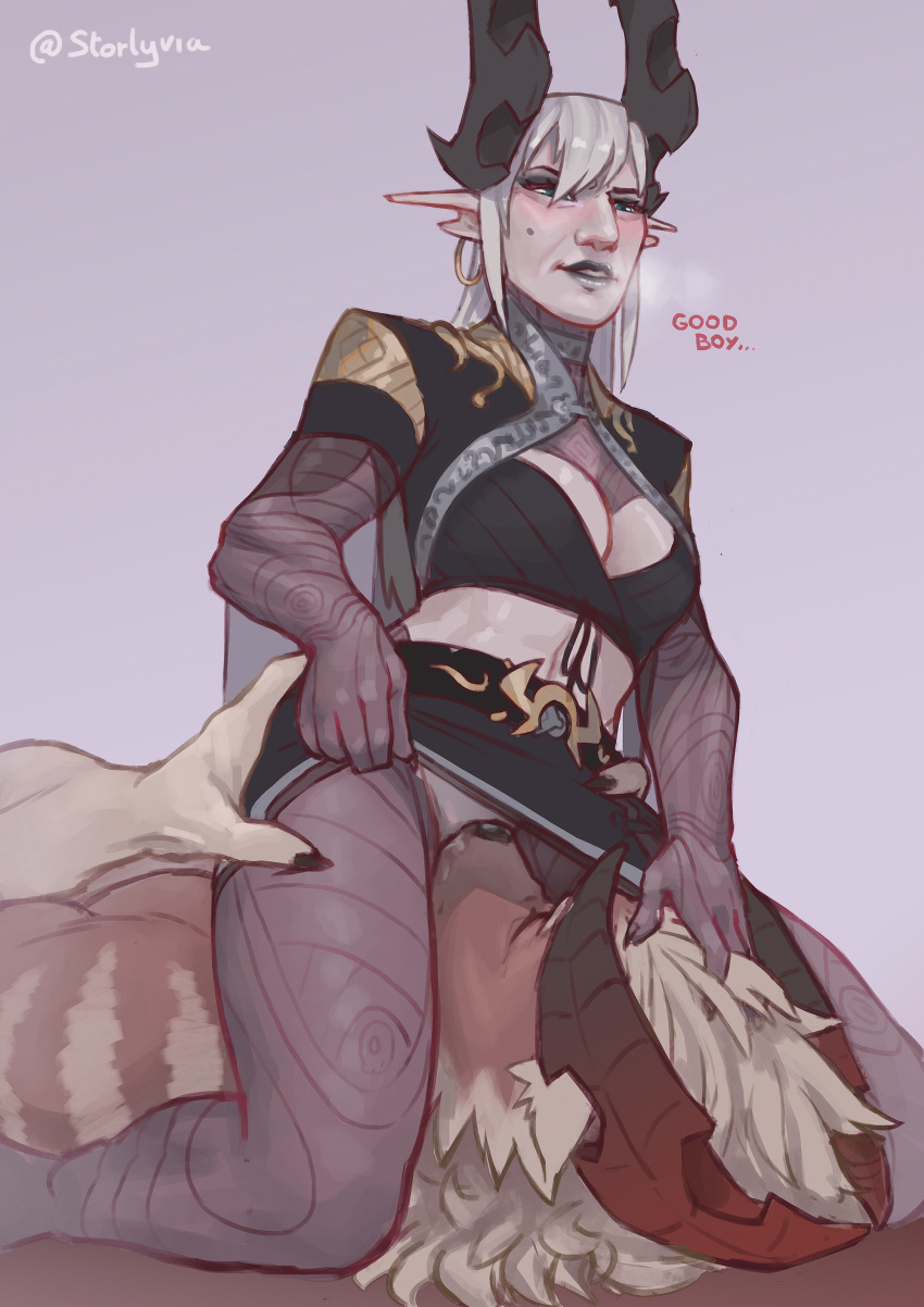 anthro_on_human ass_grab bangs breasts clothed_sex cunnilingus demon dominant_female eating_pussy fancy_clothing female female_on_top femdom furry furry_on_human grey_hair horns lifting_skirt milf muscles oc oral oral_sex original_characters passionate pussy_eating sex simple_background snout starlyve under_skirt vulfeo whilga