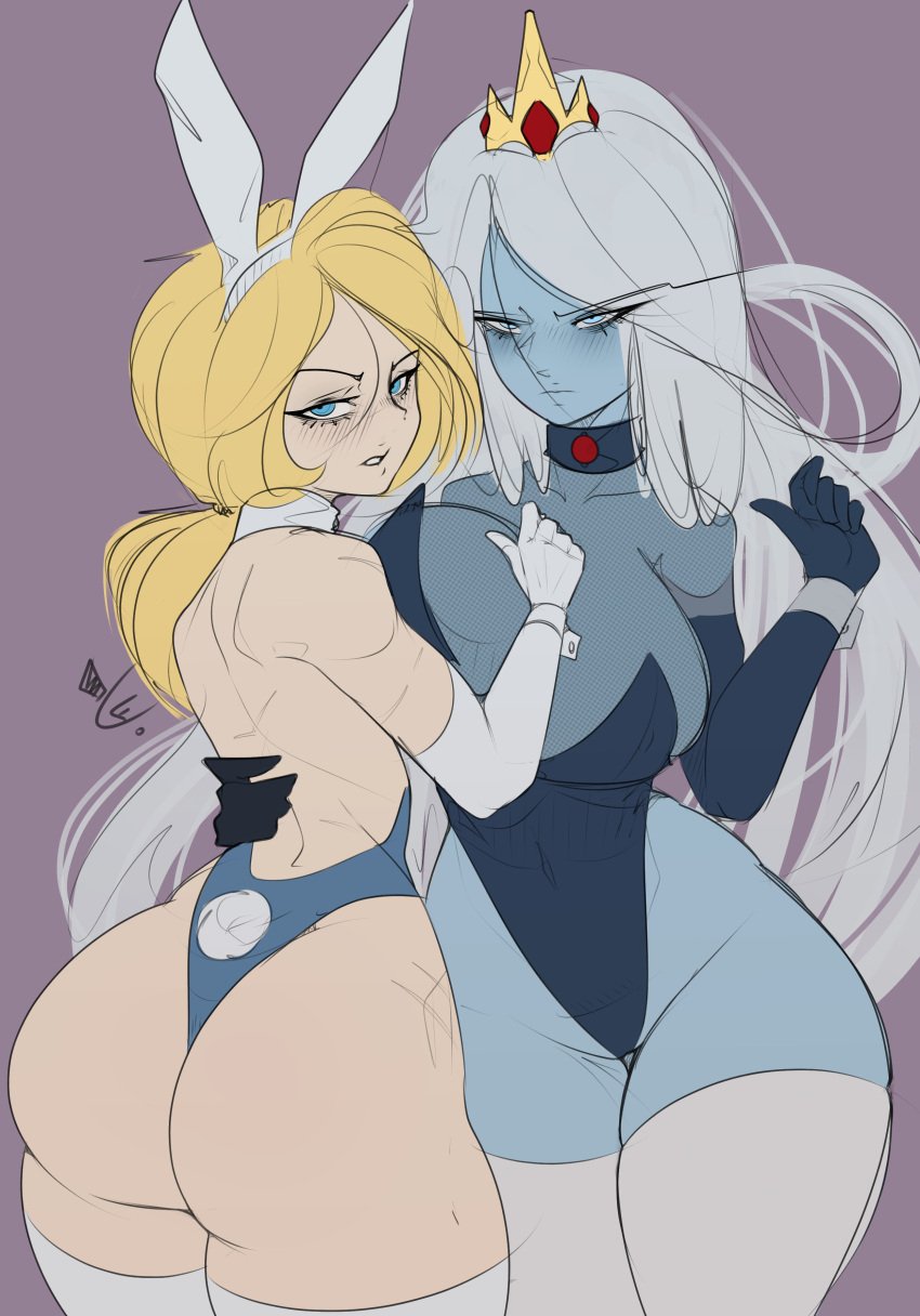 2girls adventure_time angry angry_expression angry_face annoyed annoyed_expression armwear ass bare_shoulders blonde_female blue_body blue_eyes blue_skin blush_lines bunny_ears bunny_girl bunny_tail bunnysuit butt cartoon_network choker crown cursedequinox curvy curvy_body curvy_female curvy_figure detached_cuffs duo duo_focus fake_animal_ears fionna_the_human_girl hourglass_figure ice_queen_(adventure_time) leotard light-skinned_female light_skin long_hair looking_at_viewer playboy_bunny slim_waist strapless_leotard thick_thighs thin_waist very_long_hair white_hair