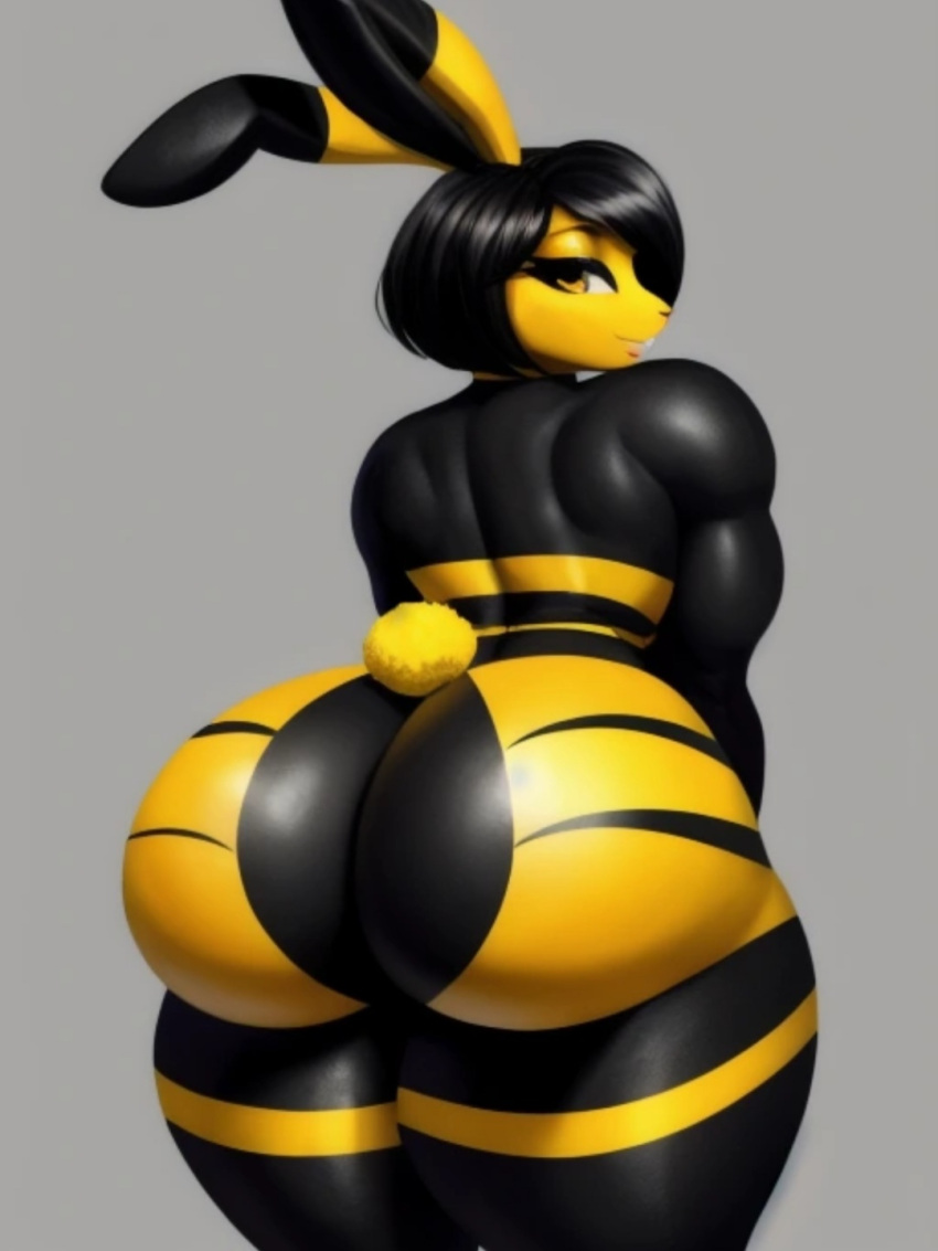 ai_generated anthro bee big_ass big_butt black_and_yellow black_hair buckteeth bunny diplive7 hybrid looking_at_viewer rabbit simple_background striped_body thick_thighs