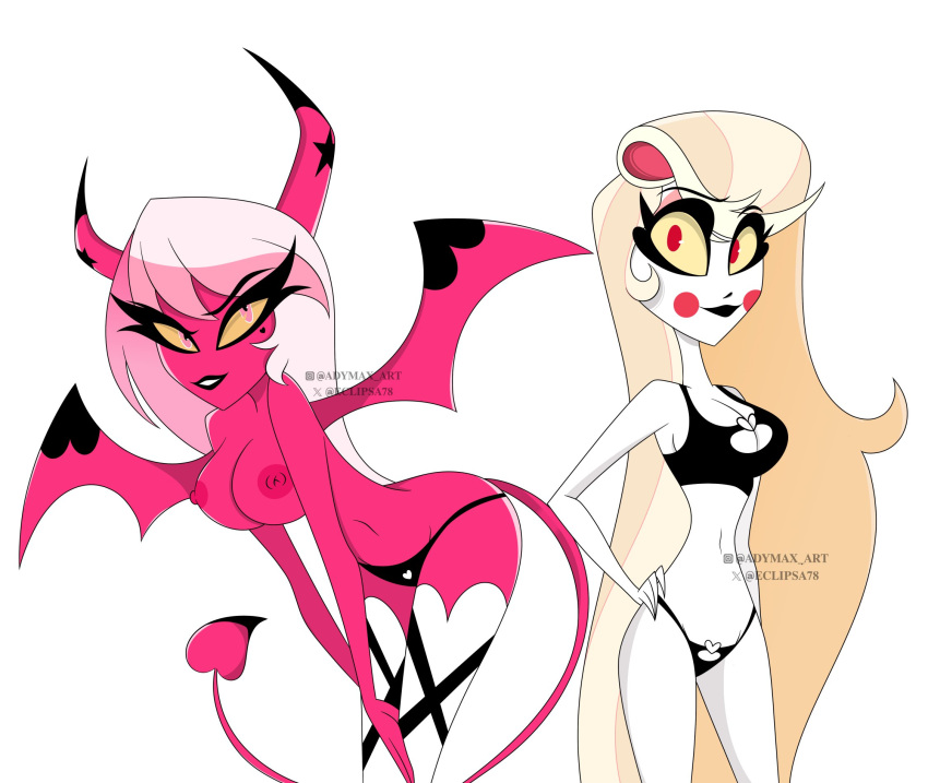 2demons 2girls bent_over blonde_hair breasts charlie_morningstar_(hazbin_hotel) clothed clothing demon demon_girl demon_girls demon_humanoid duo eclipsa78 female hair hanging_breasts hazbin_hotel helluva_boss hi_res humanoid multiple_girls nipples open_mouth open_smile panties partially_clothed pink_body pink_eyes red_eyes simple_background smile succubus succubus_horns succubus_tail succubus_wings teeth thick_thighs underwear verosika_mayday_(helluva_boss) white_body wings