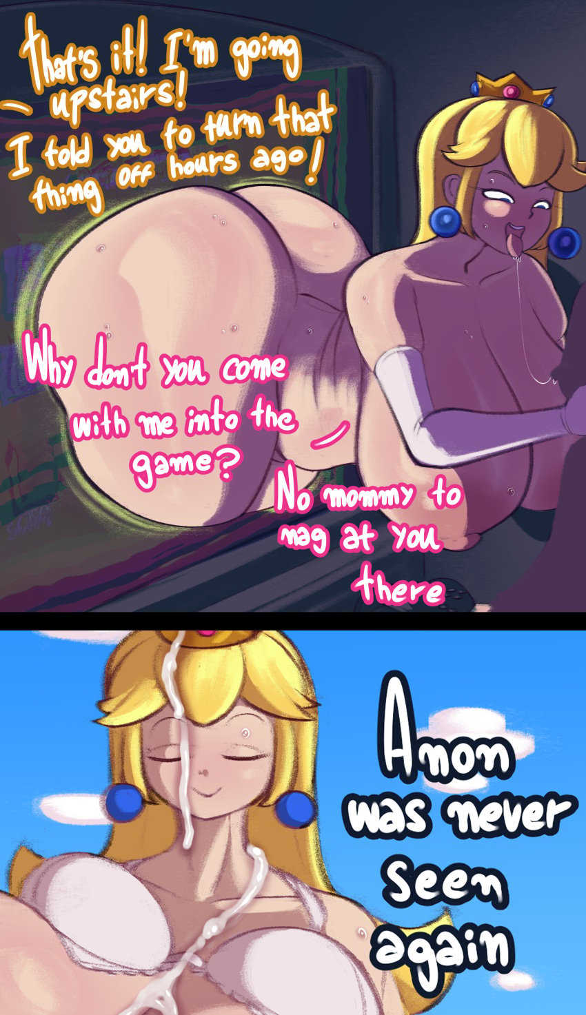 1boy 1girls age_difference anon anonymous_male big_breasts blonde_hair child_bearing_hips cropped_image curvy curvy_body dedalo dialogue dumptruck_ass female huge_ass huge_breasts male male/female mario_(series) nintendo older_female older_woman_and_younger_boy princess_peach super_mario_64 thick_thighs voluptuous voluptuous_female younger_male