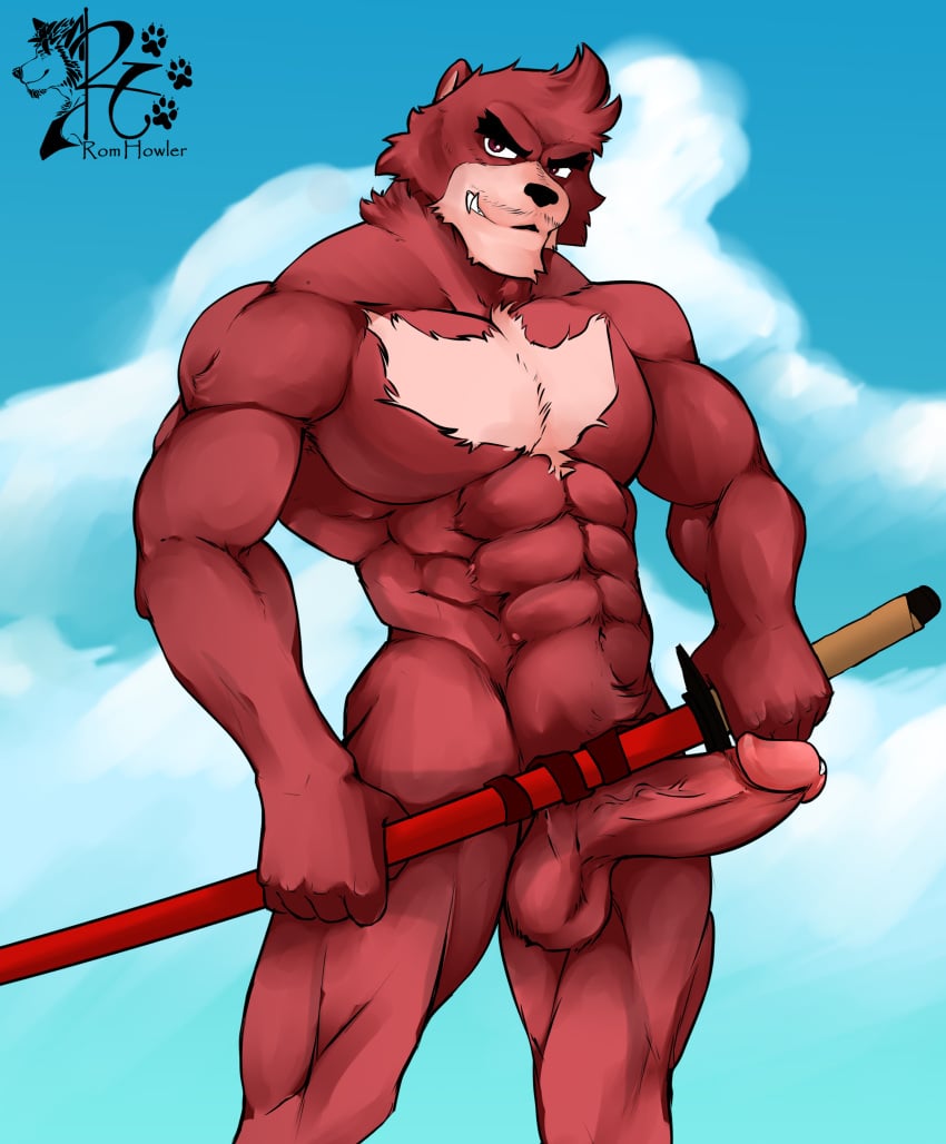 anthro balls bara barazoku beast boner erection furry kumatetsu male male_only muscles muscular nude penis red_body red_fur romhowler solo solo_male sword the_boy_and_the_beast