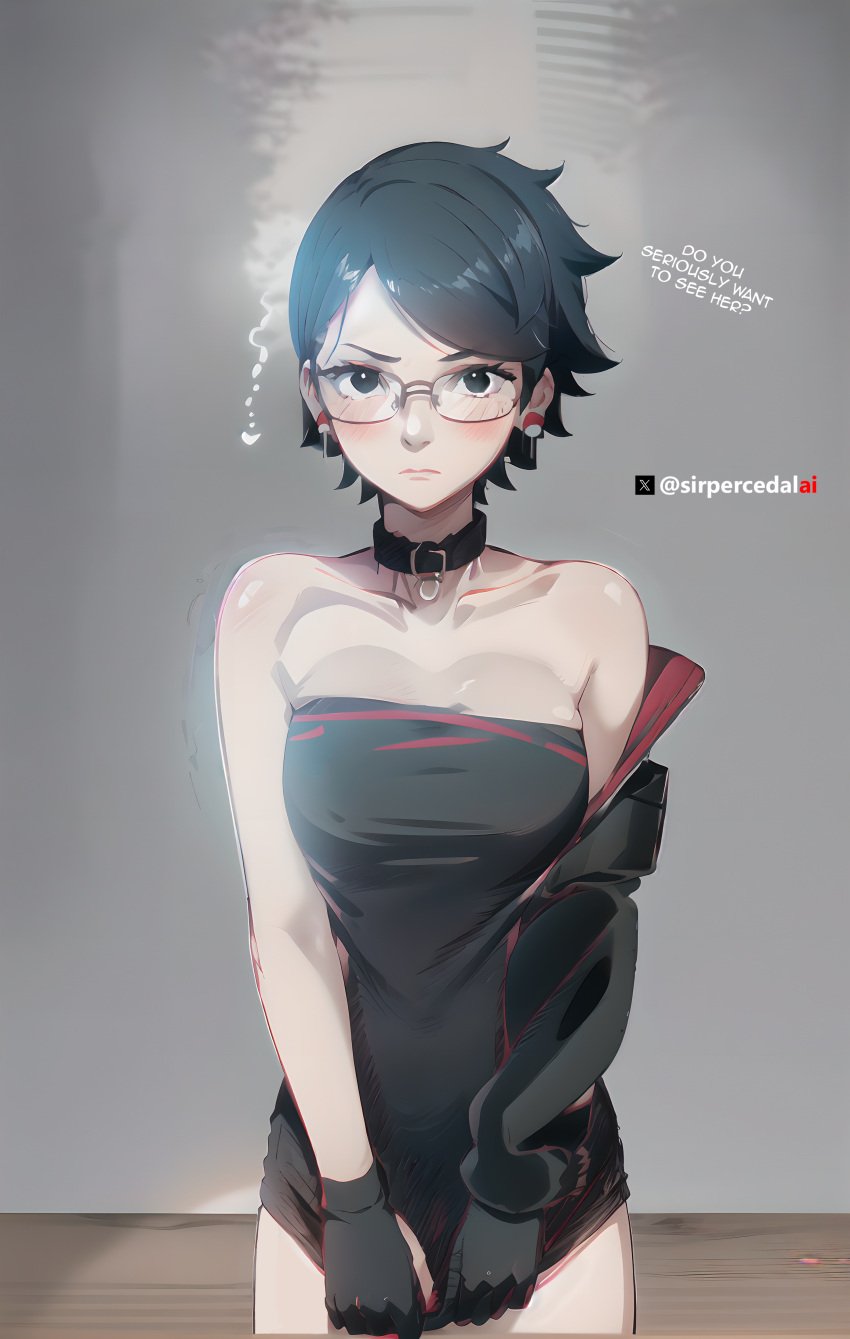 ai_generated black_eyes black_hair blush boruto:_naruto_next_generations boruto:_two_blue_vortex breast breasts clothes collar english_text glasses naruto pulled sarada_uchiha showing_off sirpercedalai text uchiha_sarada