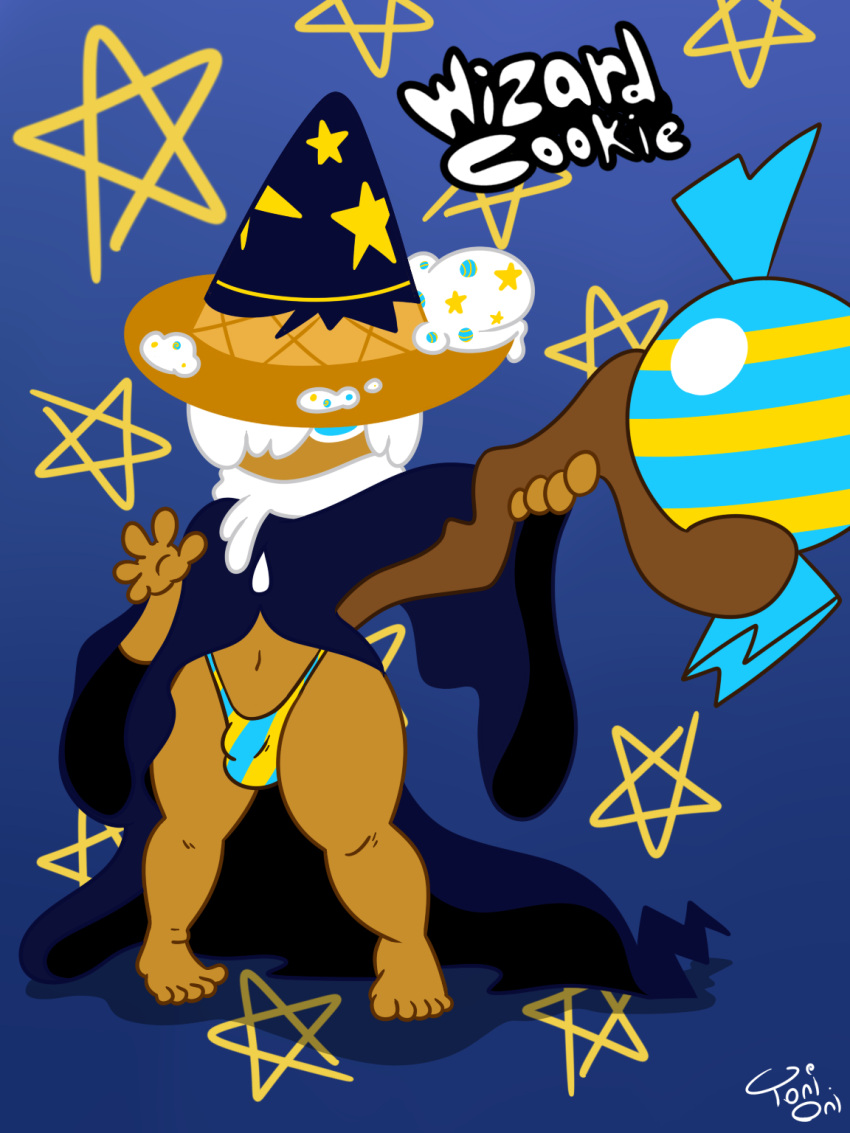 1boy barefoot blue_eyes brown_skin bulge candy cookie cookie_run cookie_run_ovenbreak hat looking_at_viewer male_only panties robe staff text toes toni_oni white_hair wizard_cookie wizard_hat