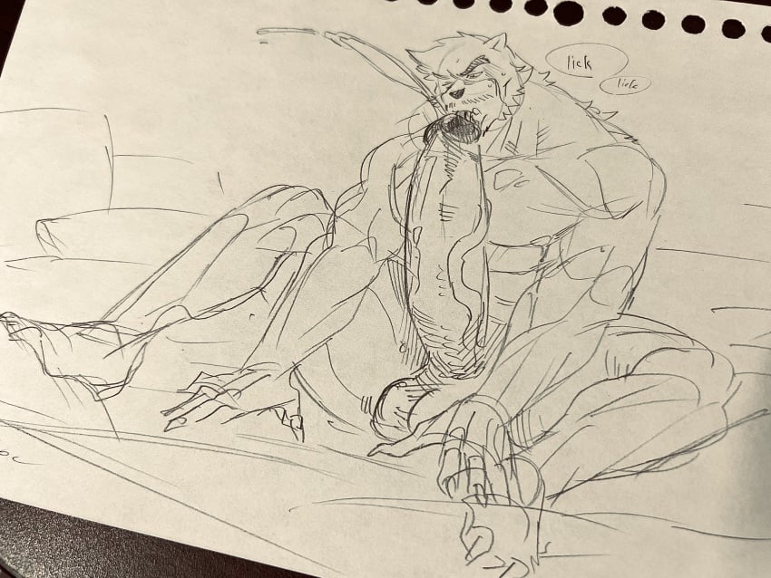 anthro balls bara barazoku beast big_balls big_penis blush boner cum erection fumimimimidory furry huge_cock kumatetsu licking_penis male male_only monochrome muscles muscular nude one_eye_closed penis solo solo_male spread_legs the_boy_and_the_beast