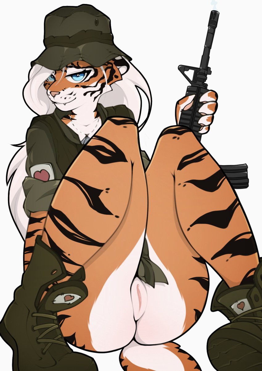 felid female genitals gun hi_res m16a2 mammal military pantherine pussy ranged_weapon rifle salvador_zabrali smoke solo sukena tagme tiger weapon