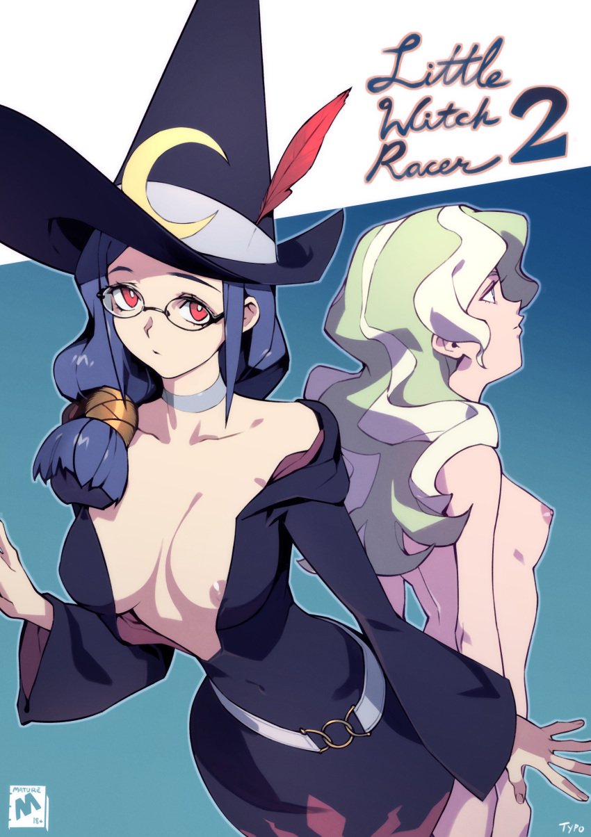 2girls adult_and_teenager blonde_hair blue_eyes breasts completely_nude diana_cavendish fully_clothed glasses little_witch_academia multiple_girls nipple_peek nipples nude optionaltypo red_eyes student_and_teacher ursula_callistis witch witch_hat