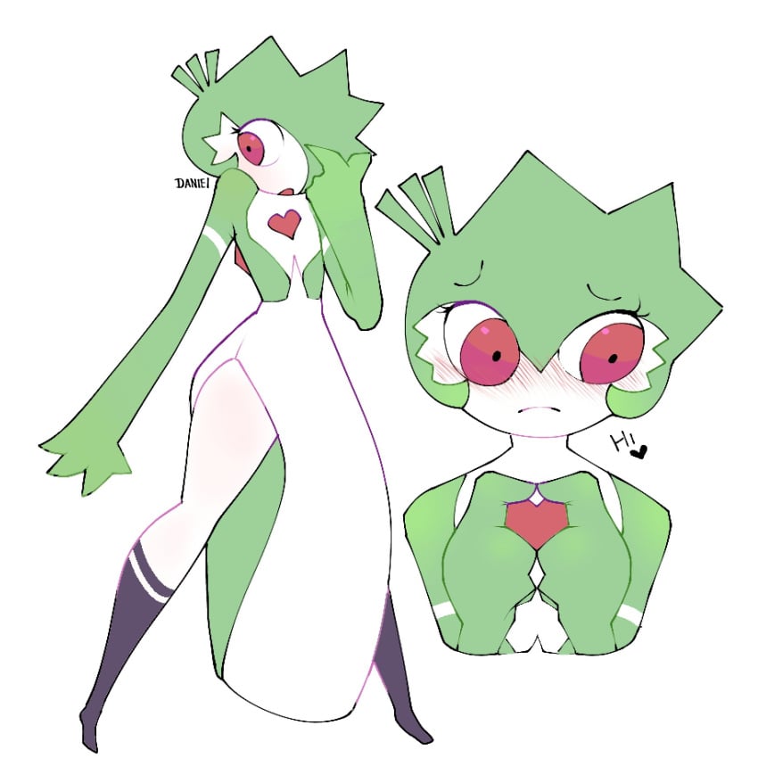 blush blushing danielito dialogue gardevoir heart_symbol kneehighs nervous nervous_expression pokemon pokemon_(species) red_eyes tagme thin_waist tiny_feet transformation