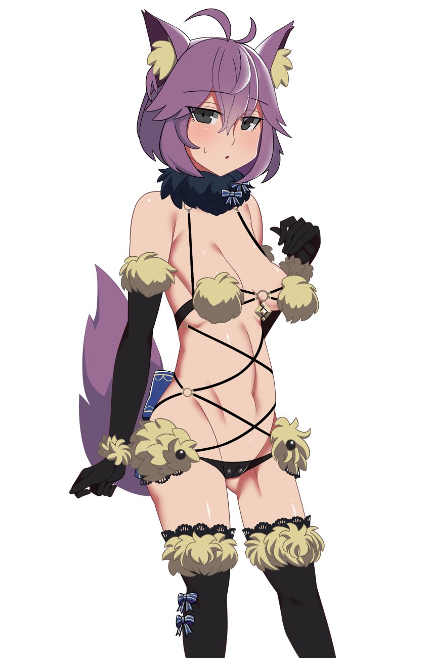 1girls ahoge alternate_costume animal_ears ass_visible_through_thighs bare_midriff bare_shoulders bare_thighs bernadetta_von_varley black_eyes black_panties cosplay crossover elbow_gloves fate/grand_order fate_(series) female female_only fire_emblem fire_emblem:_three_houses gloves hair_between_eyes halloween halloween_costume looking_at_viewer mash_kyrielight_(dangerous_beast)_(cosplay) midriff nintendo open_mouth panties perky_breasts pibu purple_hair short_hair shoulders solo sweatdrop tail thighs underwear white_background wolf_ears wolf_girl wolf_tail