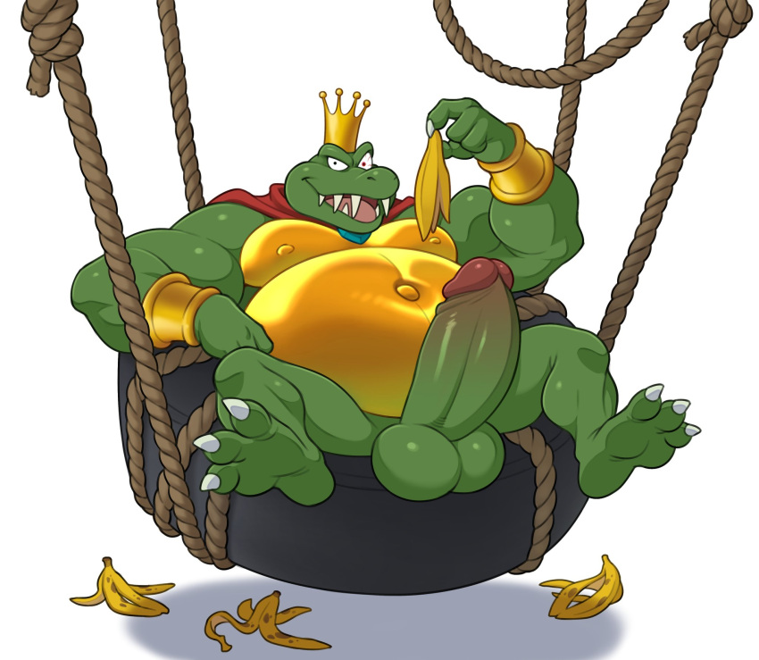 balls banana cape crocodile donkey_kong_(series) erect_penis erection fat_man feet feet_up gold_jewelry green_skin k_rool laying laying_down moobs overweight overweight_male penis sharp_claws sharp_teeth toomanyboners