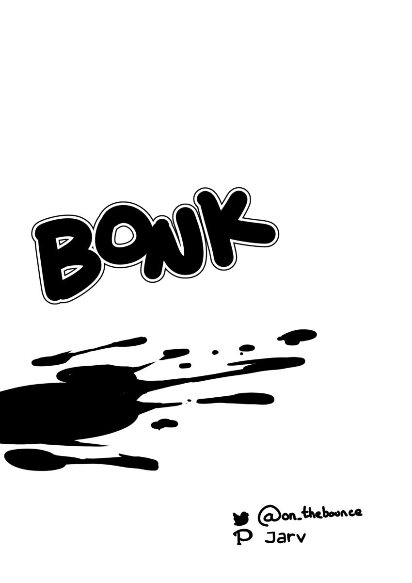 blood bodily_fluids bonk_(sound_effect) comic doujinshi english_text hi_res hololive hololive_english jarv_(artist) monochrome not_furry offscreen_character offscreen_death simple_background sound_effects takodachi text twitter_handle virtual_youtuber white_background zero_pictured