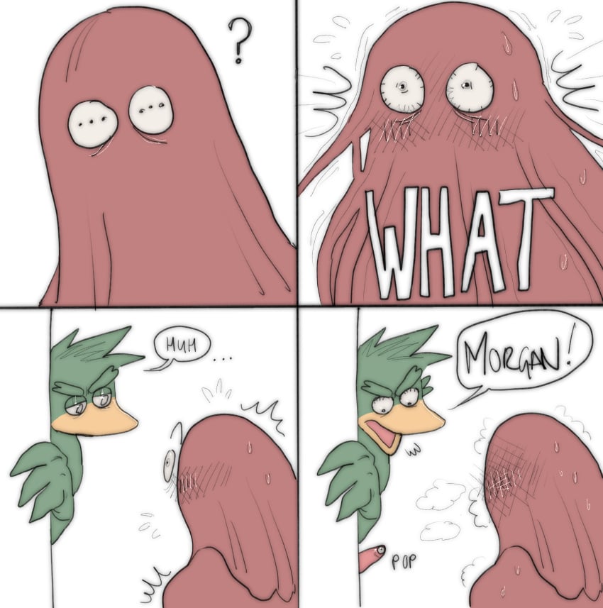 anthro avian bird blush bodily_fluids comic dialogue don't_hug_me_i'm_scared duck_guy_(dhmis) duo erection genitals hi_res humanoid male male/male male_focus male_only morgan_(dhmis) penis penis_creature red_guy_(dhmis) speech_bubble sweat unusual_anatomy unusual_eye_placement unusual_genitalia unusual_penis wakey_wakey_pilot walk-in werdopon