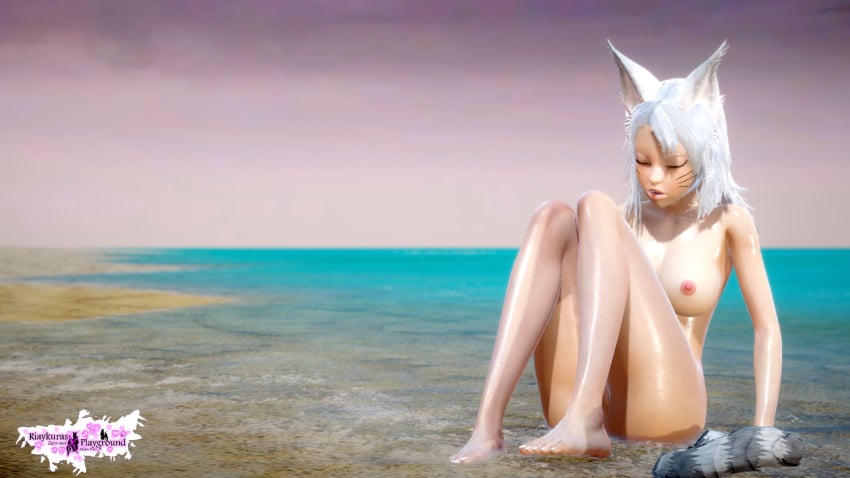 3d animal_humanoid beach beach_background big_breasts female_only fox_ears kuuri long_hair nude nude_female riaykuras_playground solo tail whisker_markings white_hair