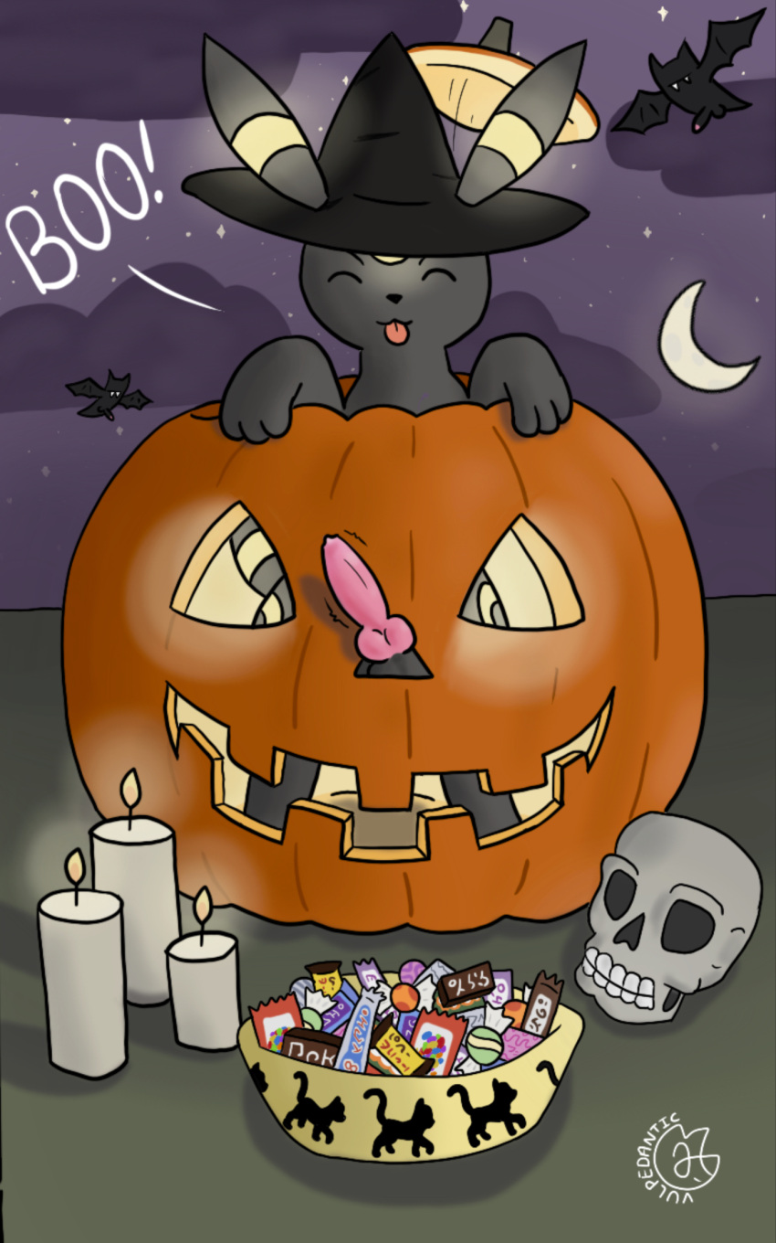 candle candy clothing dessert eeveelution feral food fruit generation_2_pokemon genitals halloween hat headgear headwear hi_res holidays humor jack-o'-lantern male male_only nintendo penis plant pokemon pokemon_(species) poking_out presenting presenting_penis pumpkin solo tongue tongue_out umbreon vulpedantic witch_hat