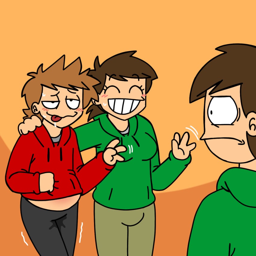 1boy 1cuntboy 1futa after_sex after_vaginal aftermath alternate_universe breasts brown_hair clothed clothing cumflated_belly cumflation cuntboy disgusted disgusted_look duo_focus edd_(eddsworld) eddsworld ell_(eddsworld) ellsworld excessive_cum flaccid fully_clothed futa_on_cuntboy futanari green_hoodie hand_on_shoulder human implied_sex intersex justsomedude leaking_cum legs_crossed light-skinned_futanari light-skinned_male male messy_hair mind_break nervous_smile nervous_sweat ponytail red_hoodie rolling_eyes rule_63 shaking shaking_lines smiling standing tongue tongue_out tord_(eddsworld) waving wavy_mouth