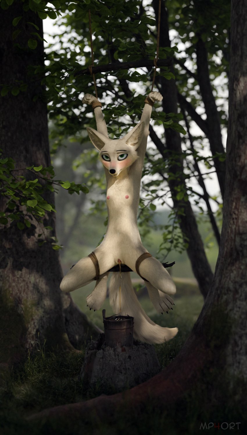 3d_(artwork) absurd_res aroused blender_(software) bondage bondage bound canid canine digital_media_(artwork) female forest fox genitals hi_res mammal maxnoward mp4ort peeing plant pussy solo torture trapped tree