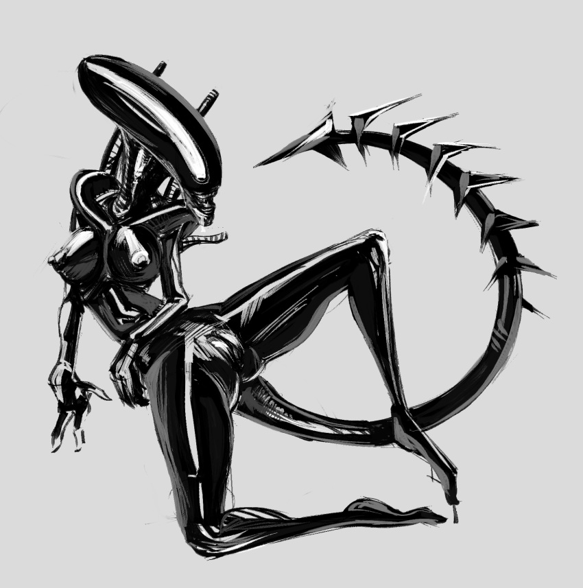 2023 3_fingers alien alien_(franchise) alien_humanoid areola ass big_breasts big_head biped black_body breasts female female_xenomorph fingers full-length_portrait genitals glistening glistening_body gobsmacker grey_background hi_res humanoid monochrome monotone_body nipples not_furry plantigrade portrait pose presenting presenting_pussy pussy simple_background solo spiked_tail spikes spikes_(anatomy) spread_legs spreading tail three-quarter_view weapon_tail xenomorph