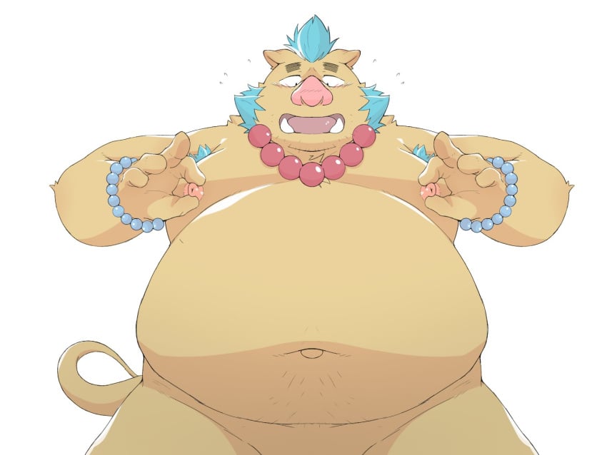 anthro anthro_only belly blue_hair blush brown_body brown_fur fupa fur ginsingoo1 gouryou hair jewelry lifewonders male male_only mammal moobs navel necklace nipple_fetish nipple_pinch nipple_play nipples nude overweight pinch simple_background snout solo suid suina sus_(pig) tokyo_afterschool_summoners tusks white_background wild_boar