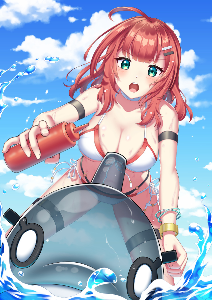 :o absurdres ahoge arm_strap bare_shoulders bikini blue_sky blush bottle bracelet breasts choker cleavage cloud commentary_request counter:side day dot_nose female from_below green_eyes hair_ornament hairclip halterneck highres holding holding_bottle inflatable_orca inflatable_toy jewelry large_breasts looking_at_viewer lycoris_(counter:side) medium_hair multi-strapped_bikini o-ring o-ring_bikini o-ring_bottom official_alternate_costume open_mouth outdoors red_hair riding side-tie_bikini_bottom sky solo splashing squeeze_bottle string_bikini swimsuit thigh_strap thighs transparent v-shaped_eyebrows water_drop wet white_bikini white_choker yokoshimahama