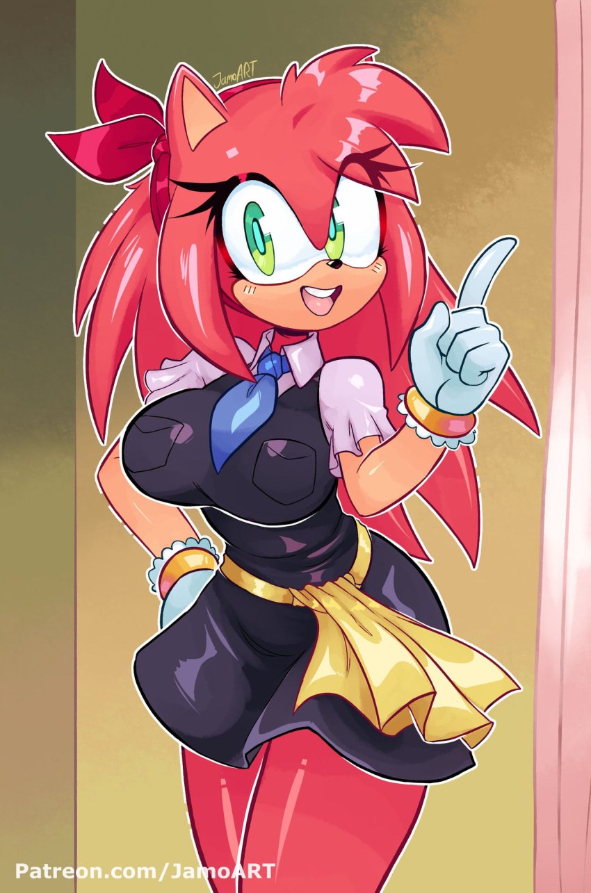 1girls alternate_costume alternate_outfit amy_rose anthro anthro_only artist_signature big_breasts blouse breasts dress eyelashes eyeliner female female_only frills fully_clothed furry furry_only gloves hi_res jamoart long_hair makeup off_model sega shirt solo sonic_(series) sonic_the_hedgehog_(series) sonic_x tight_clothing uniform very_long_hair wide_hips