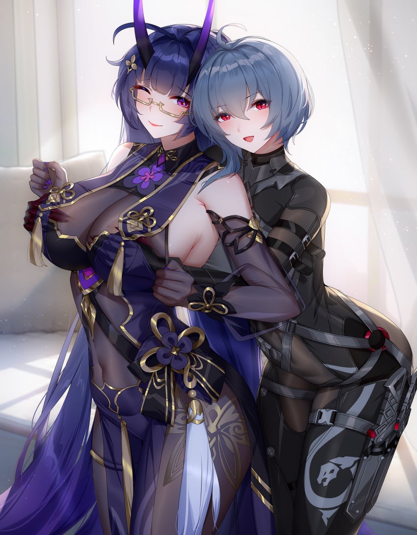 2girls absurdres bare_shoulders blush bodysuit breasts chinese_commentary cleavage closed_mouth commentary_request covered_navel cowboy_shot detached_sleeves glasses grey_hair hair_intakes highres honkai_(series) honkai_impact_3rd horns large_breasts long_hair long_sleeves looking_at_viewer medium_hair multiple_girls nail_polish official_alternate_costume one_eye_closed oni_horns open_mouth purple_eyes purple_hair purple_nails raiden_mei raiden_mei_(herrscher_of_thunder) raven_(honkai_impact) red_eyes see-through smile thighs wu_ganlan_cai yuri