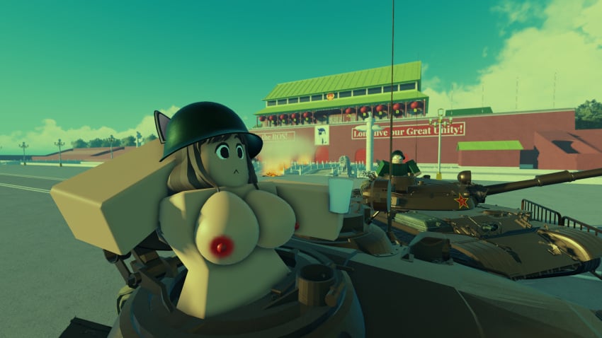 1080p 16:9 1boy 1girls 3d areolae artist_request black_eyes breasts cat_ears china cup exhibitionism exposed_breasts glass_container glass_cup glass_of_milk hair imskip_(artist) milk naked nude outside people's_liberation_army roblox robloxian soldier source_request tagme tank topless