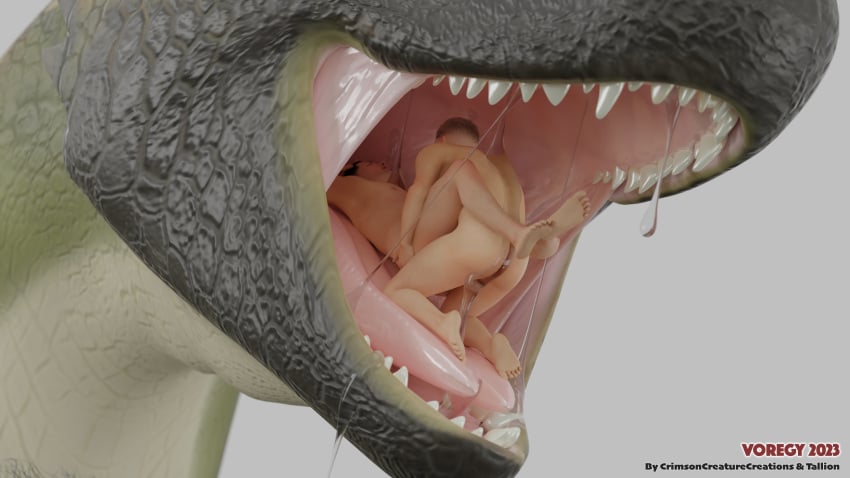 3d_(artwork) absurd_res ambiguous_gender anal anal_sex bodily_fluids crimsoncreaturecreations digital_media_(artwork) dragon dragon_pred feral from_front_position green_dragon_(untied_verbeger) group hi_res human lying male male/male male_only mammal mawplay missionary_position nude on_back oral_vore penetration rendered saliva sex size_difference soft_vore tallion teeth tongue trio vore