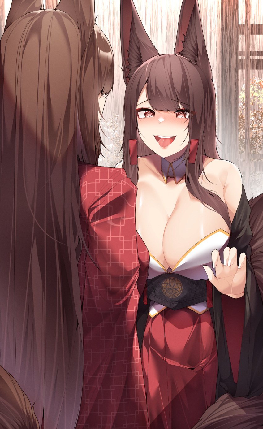 2girls :d @_@ absurdres akagi_(azur_lane) amagi_(azur_lane) animal_ears azur_lane black_kimono blush breasts brown_hair cleavage detached_collar eyeshadow facing_viewer fox_ears fox_girl fox_tail from_behind hair_ornament hair_over_one_eye hairclip hand_up highres indoors japanese_clothes kimono kitsune large_breasts long_hair looking_at_another makeup multiple_girls multiple_tails oerba_yun_fang off_shoulder open_mouth print_kimono red_eyes red_eyeshadow red_kimono red_skirt sakura_empire_(emblem) samip sister_and_sister sisters skirt smile tail very_long_hair you_gonna_get_raped yuri