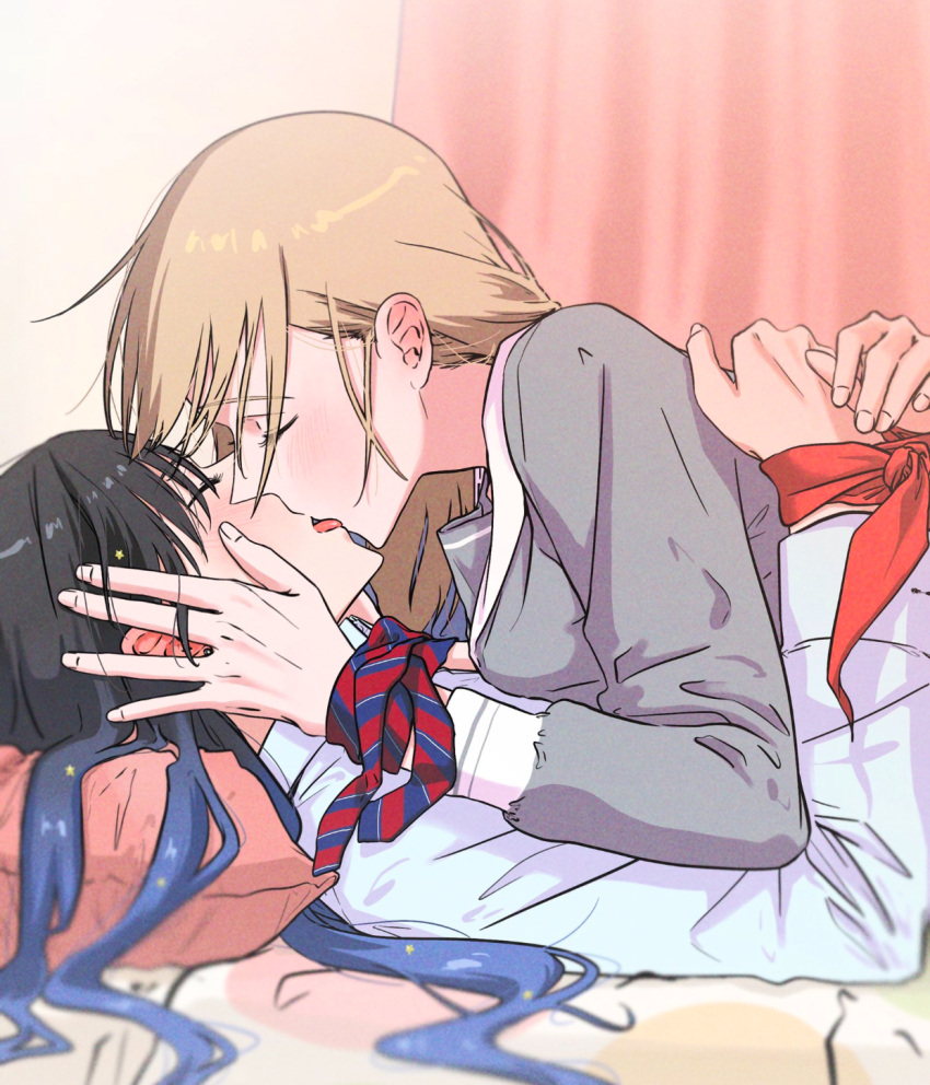 2girls azusawa_kohane blonde_hair blue_hair blush hug kissing lesbian making_out multiple_girls project_sekai shiraishi_an yuri