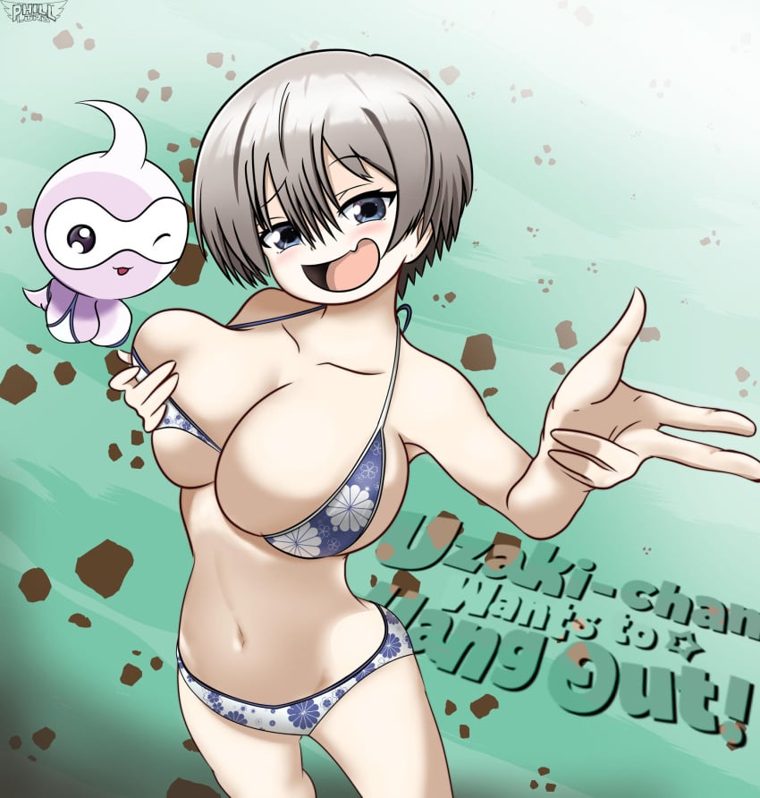 1girls 2021 alternate_version_available big_breasts bikini blue_eyes blush bra breast_grab breast_squeeze castform cleavage fangs female game_freak generation_3_pokemon green_background grey_hair light-skinned_female light_skin navel nintendo panties philllord pokémon_(species) pokemon pokemon_rse silver_hair skin_fang tongue tongue_out uzaki-chan_wa_asobitai! uzaki_hana wink