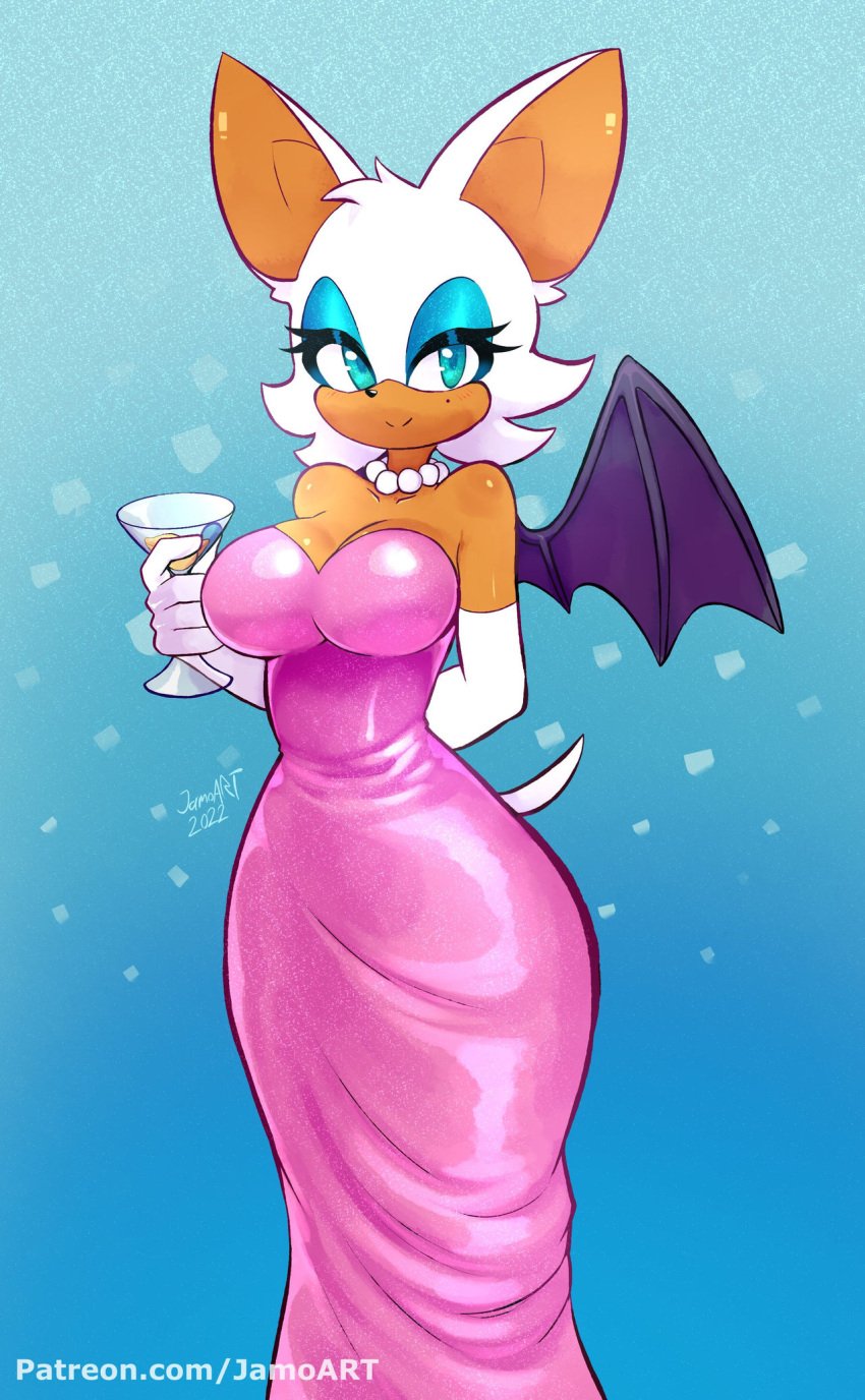 1girls anthro bat beauty_mark blue_eyes chiropteran female female_only jamoart off_model pearl_necklace rouge_the_bat sega smile solo sonic_(series) sonic_the_hedgehog_(series) tagme tan_skin tight_clothing tight_dress white_hair wings