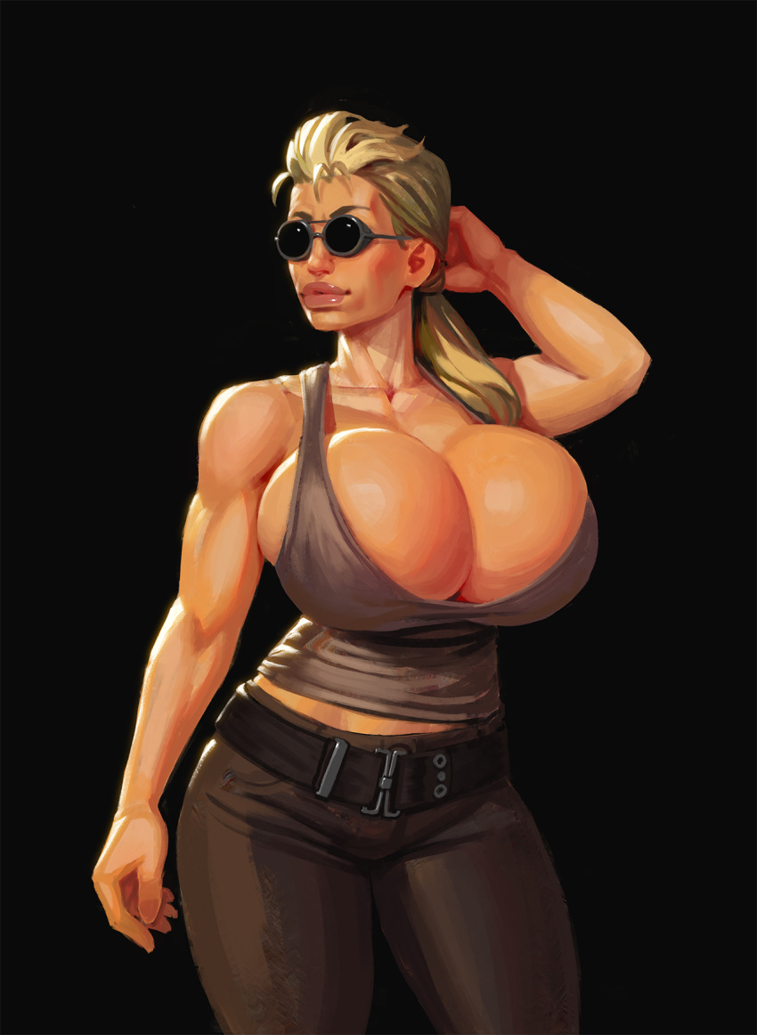 1girls alternate_breast_size belt bimbo_body bimbo_lips black_background blonde_hair boobsgames bouffant brown_pants bursting_breasts cleavage_overflow collarbone female female_only hair_pulled_back huge_breasts muscular_arms pants ponytail round_eyewear sarah_connor solo standing sunglasses tank_top terminator_2 thick_lips tinted_eyewear toned