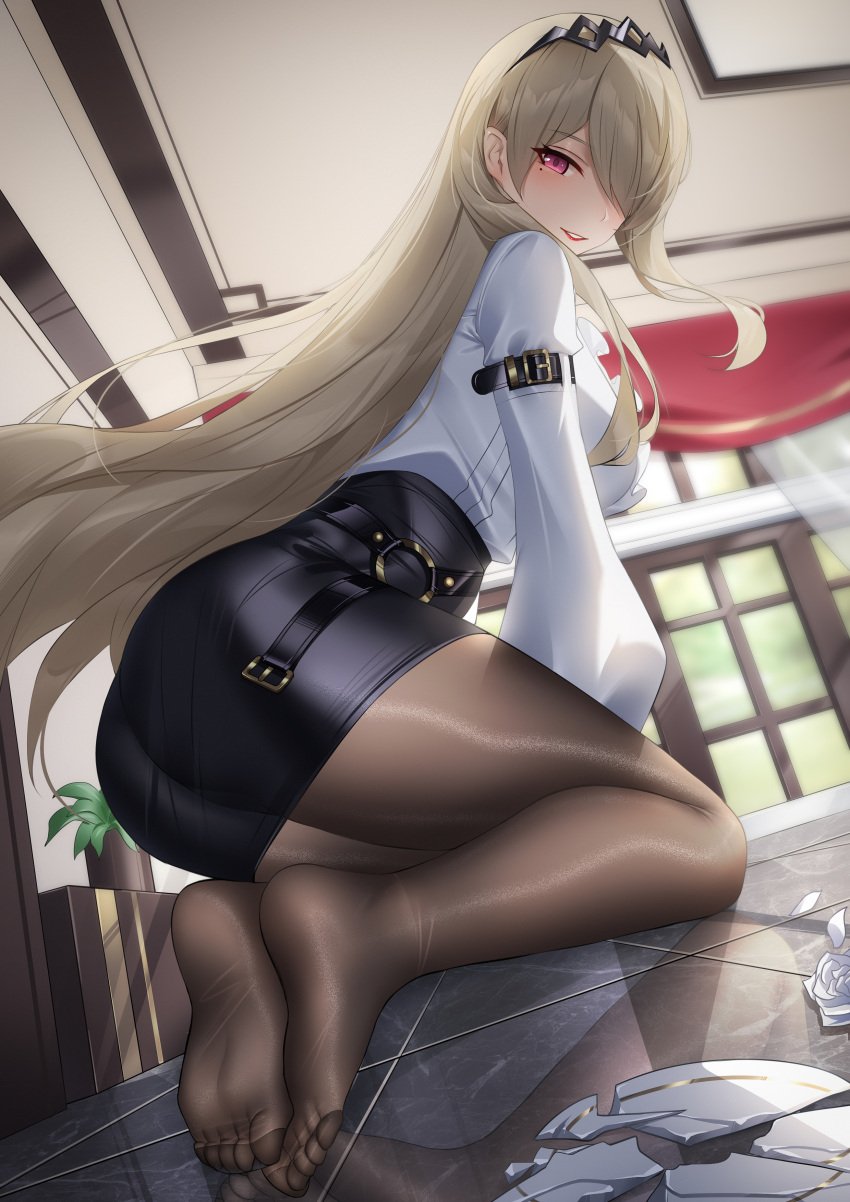 absurdres ass black_pantyhose black_skirt blonde_hair blush breasts broken_plate chinese_commentary commentary_request feet female from_side hair_over_one_eye highres honkai_(series) honkai_impact_3rd indoors kneeling large_breasts long_hair long_sleeves looking_at_viewer one_eye_covered pantyhose parted_lips plate purple_eyes rita_rossweisse rita_rossweisse_(fallen_rosemary) shattered shirt shirt_tucked_in skirt smile soles thighs toes white_shirt wu_ganlan_cai