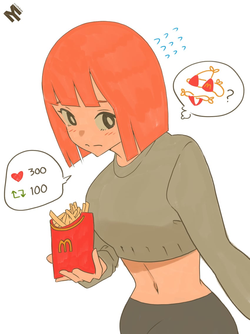 1girls alternate_version_available belly belly_button bob_cut busty casual curvy curvy_female curvy_figure female female_only food french_fries fries hips holding_food leggings mcdonald's milf mom_(japanese_mcdonald's_commercial) mommy mother myelskan orange_hair pointy_chin retweet_challenge strip_game sweater thick wide_hips yoru_mac