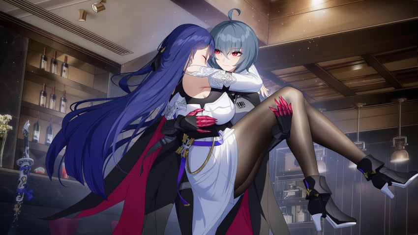 2girls absurdres alcohol bar_(place) black_bodysuit black_cape black_footwear black_hair blush bodysuit boots breasts cape carrying ceiling_light closed_mouth dress drunk full_body high_heels highres honkai_(series) honkai_impact_3rd indoors large_breasts leggings long_hair looking_at_another medium_hair mole mole_under_mouth multiple_girls pantyhose princess_carry purple_eyes purple_hair raiden_mei raven_(honkai_impact) single_sleeve white_dress wide_sleeves wine wu_ganlan_cai