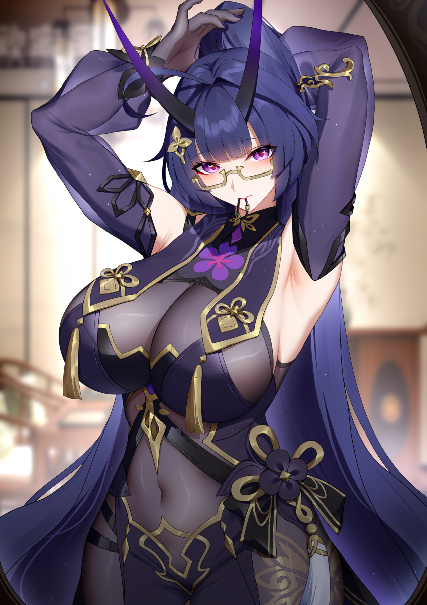 absurdres armpits arms_up blush breasts covered_navel female glasses gloves highres honkai_(series) honkai_impact_3rd horns large_breasts long_hair long_sleeves looking_at_viewer nail_polish official_alternate_costume ponytail purple_eyes purple_gloves purple_hair purple_sleeves raiden_mei raiden_mei_(herrscher_of_thunder) solo wu_ganlan_cai