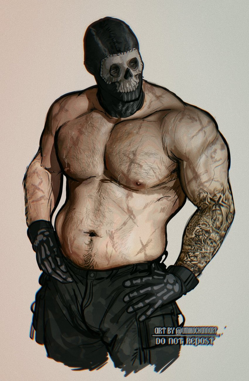 1boy 1male bara_tiddies bara_tits big_chest big_pecs call_of_duty call_of_duty_modern_warfare_2_(2022) camo_print camouflage_pants do_not_repost ghost_(modern_warfare_2) gloved_hands gloves hairy_chest hairy_male half-closed_eyes hands_on_hips happy_trail looking_away love_handles male male_only man_boobs man_breasts masked_male military moobs muscles muscular_male nipples pants pecs pectorals scars scars_all_over shirtless_male simon_riley skeleton_print skull_mask sweat sweating sweaty_body tattoo tattoo_sleeve tattooed_arm tattoos thick treasure_trail tummy umikochannart