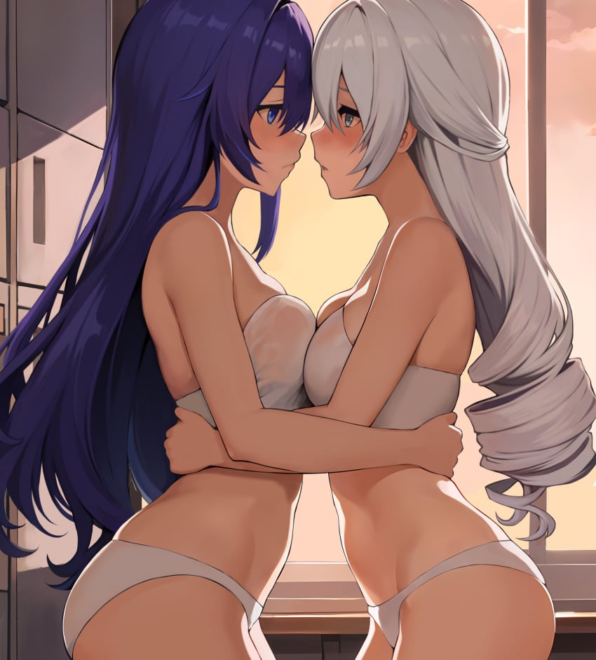 2girls blush bra breasts bronya_rand duo grey_eyes hi_res honkai:_star_rail honkai_(series) indoors light-skinned_female light_skin long_hair medium_breasts mikhdrag multiple_girls panties purple_hair seele_(honkai:_star_rail) standing symmetrical_docking white_bra white_hair white_panties yuri