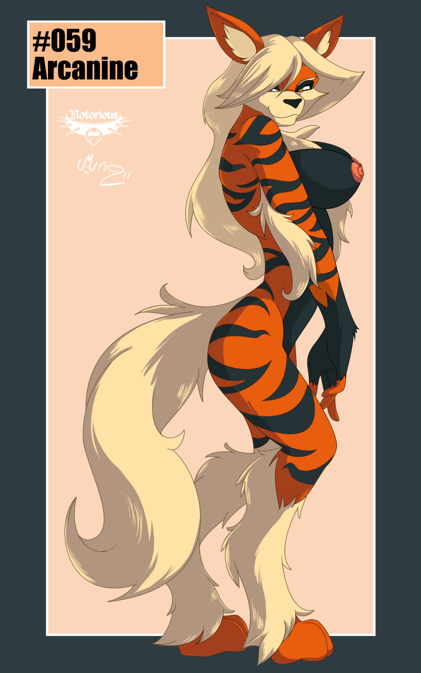 2011 anthro arcanine big_breasts black black_nose blonde_hair breasts canine chest_tuft collaboration digitigrade female fur furry hair high_resolution long_hair looking_at_viewer mingchee navel nipples notorious84 nude orange pinup pokemon pokemon_(species) pokemorph solo standing tail the_pokedex_project yellow_eyes