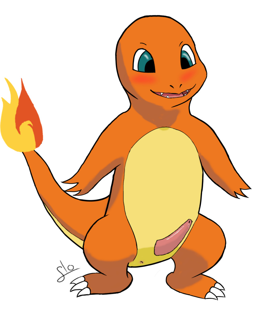 anus blue_eyes blush bodily_fluids charmander generation_1_pokemon genital_fluids genitals hi_res male nintendo no_humans orange_body penis pokemon pokemon_(species) precum slitlover solo