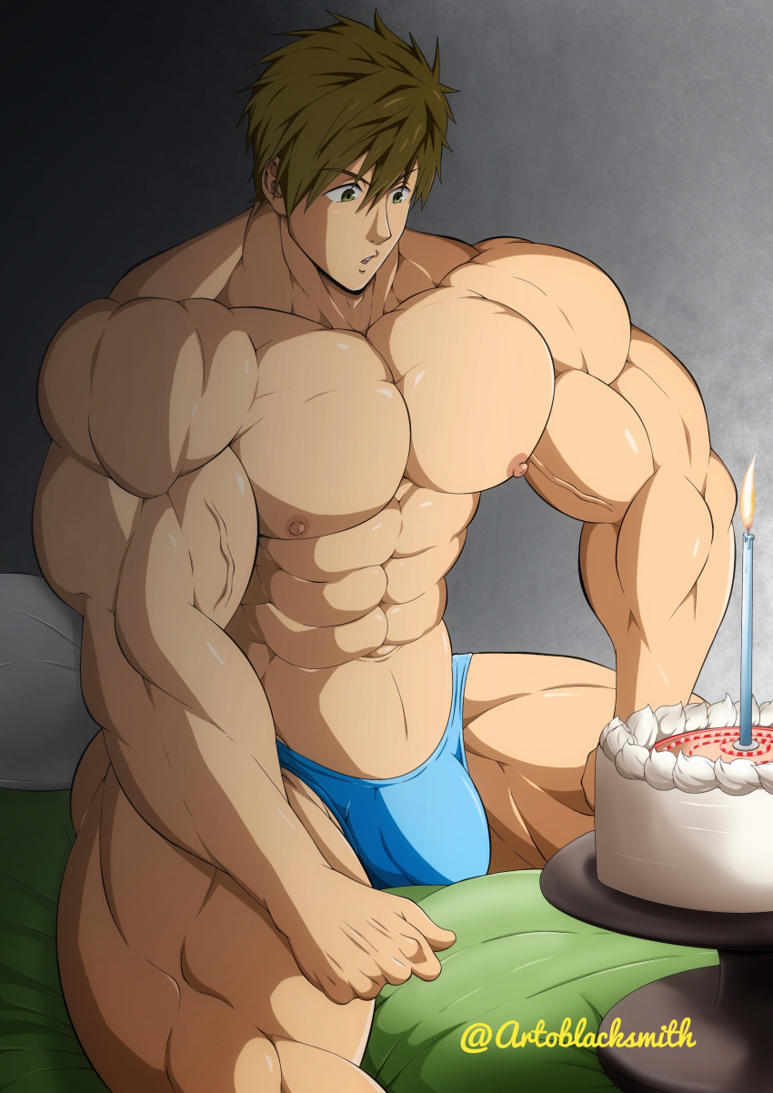 1boy abs absurd_res artofblacksmith biceps big_muscles birthday birthday_cake blue_speedo bodybuilder bulge bulge_through_clothing free! happy_birthday hyper hyper_muscles makoto_tachibana male male_focus male_only muscle muscle_tone muscles muscular muscular_arms muscular_legs muscular_male muscular_thighs nipples pecs solo solo_focus solo_male speedo tachibana_makoto tagme topless topless_male twitter_username