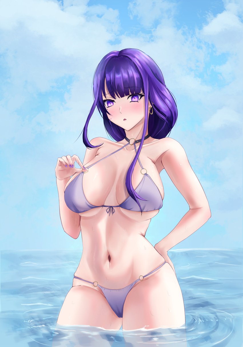 1girls absurd_res armpits bain_(artist) belly belly_button big_breasts bikini bikini_bottom bikini_top deep_navel earrings female female_only genshin_impact in_water innie_belly_button innie_navel legs_in_water long_hair looking_at_viewer midriff navel purple_eyes purple_fingernails purple_hair raiden_shogun sea summer sweat sweating thick_thighs thighs tummy waist water wet