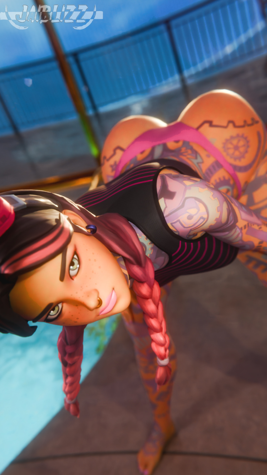 3d 3d_(artwork) ass beach_jules bikini_bottom blender blender_(software) female fortnite fortnite:_battle_royale goggles goggles_on_head googles half_dressed jaiblizz jules_(fortnite) leaning_forward looking_at_viewer multicolored_hair nose_ring partially_clothed partially_clothed_female solo solo_female solo_focus tan_body tattoo tattoos topwear twin_braids