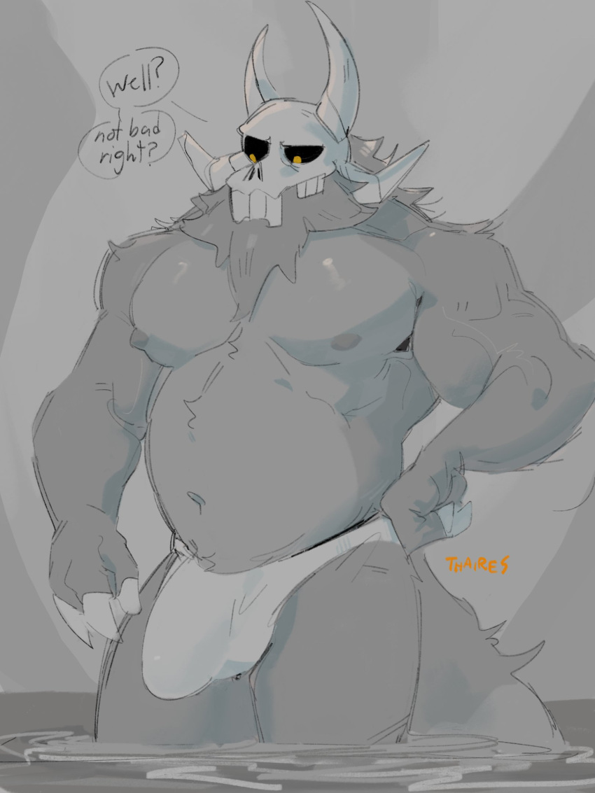 bone bulge claws finger_claws fur hi_res horn male musclegut muscular muscular_male navel nipples papa_titan_(the_owl_house) partially_submerged skull skull_head solo solo_male speech_bubble standing tail thaires